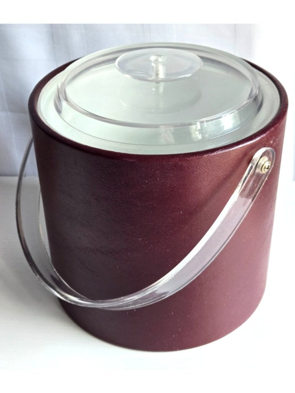 Georges Briard Red Faux Leather Ice Bucket Clear Acrylic Lid and Handle U.S.A.